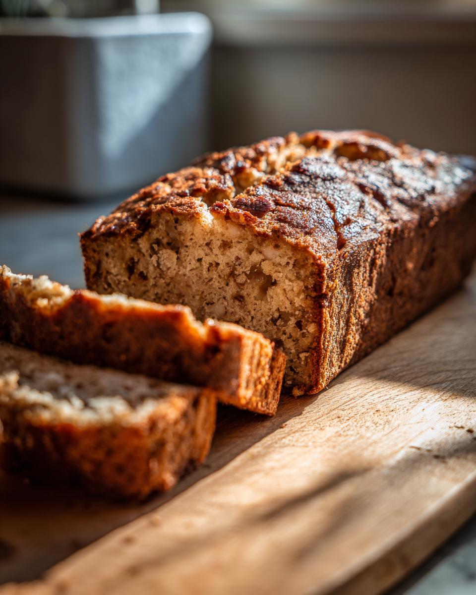 A close-up of a moist Apple Bread loaf, with two slices cut and resting on a wooden board.