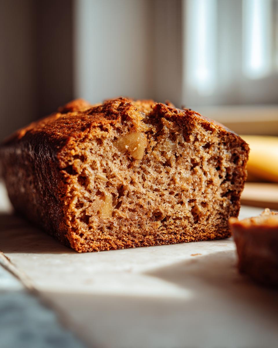 Close-up of a moist Apple Bread loaf, showing visible apple chunks within the crumb.