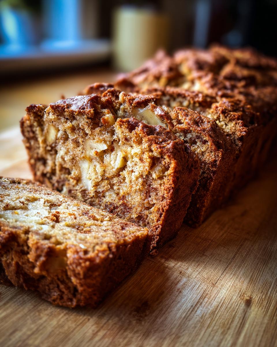 Close-up of moist Apple Bread sliced on a wooden cutting board, revealing chunks of apple inside.