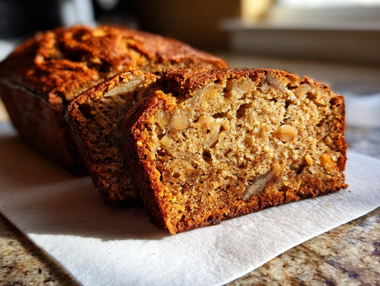 Close-up of moist Apple Bread, showing slices with visible apple chunks and nuts.