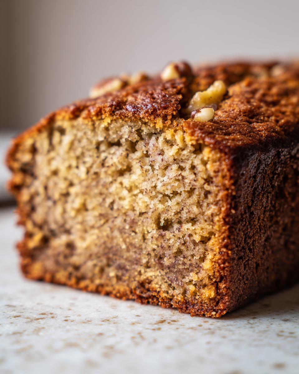 Close-up of a moist slice of banana bread, topped with walnuts, showcasing its texture.