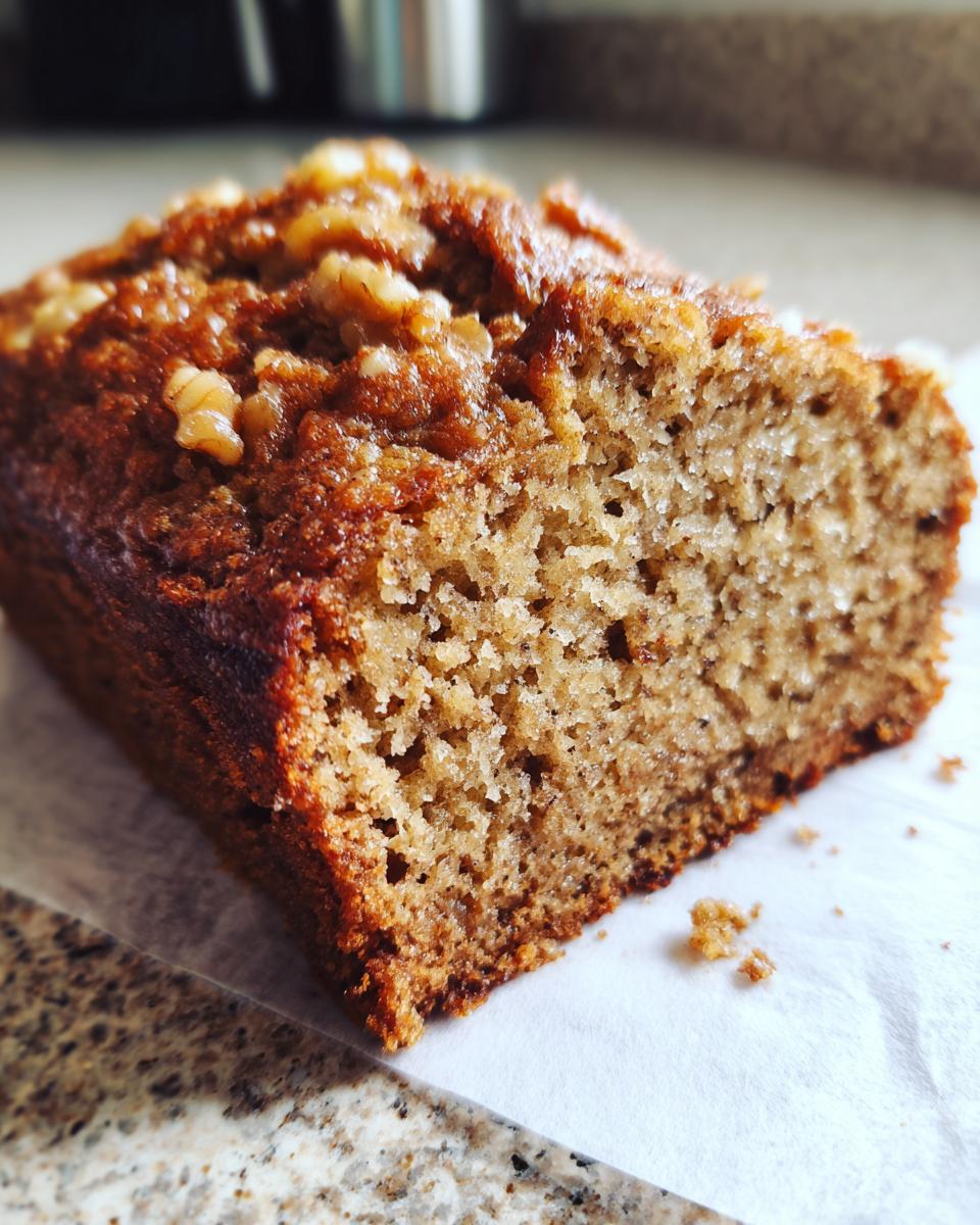 A close-up of a moist banana bread slice topped with walnuts, showing its tender crumb.
