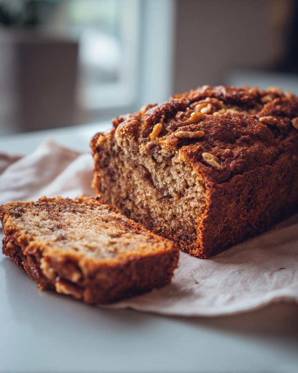 A slice of moist banana bread with visible walnuts and a warm, golden-brown crust.
