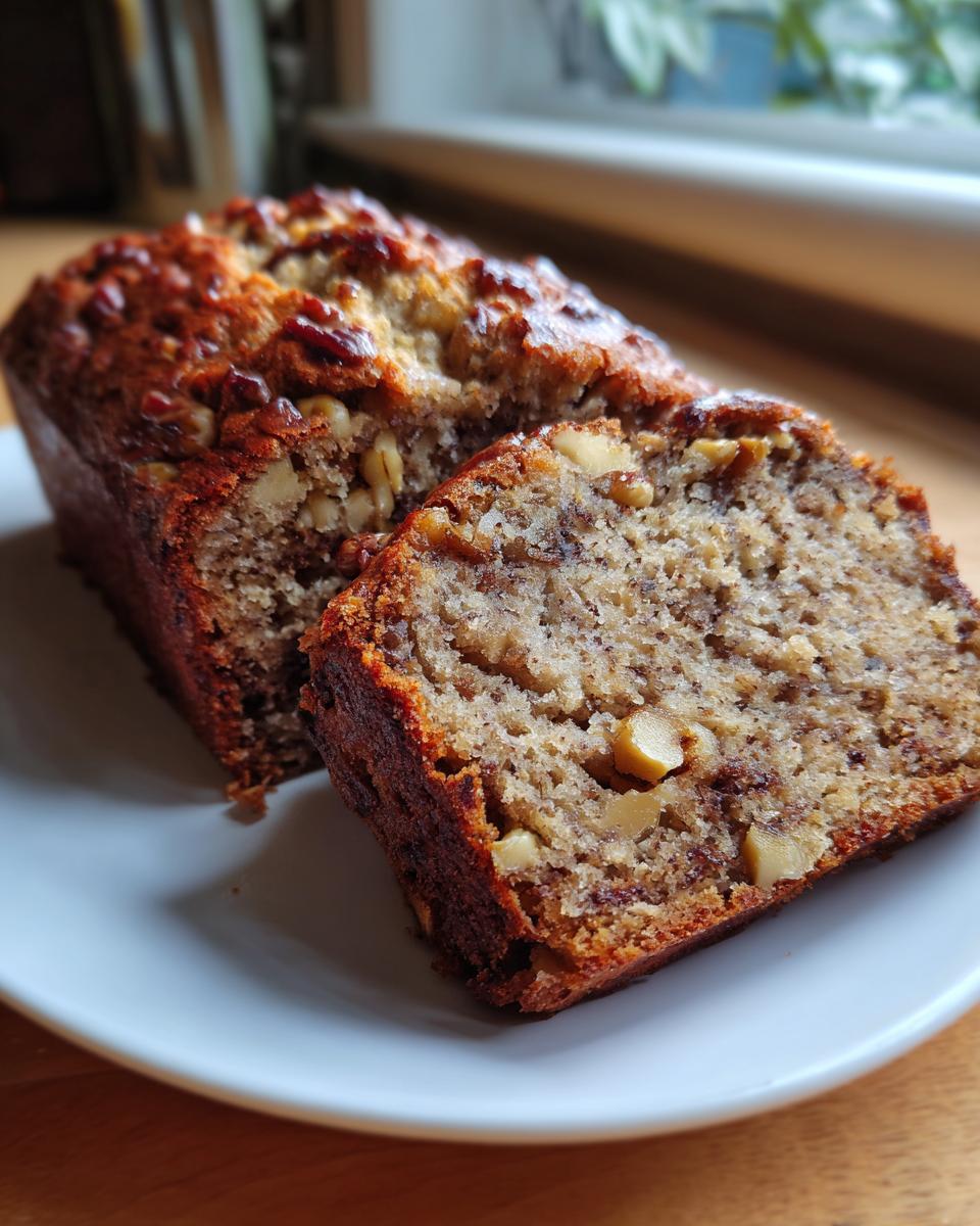 A close-up of a slice of moist Banana Bread with Walnuts on a white plate.