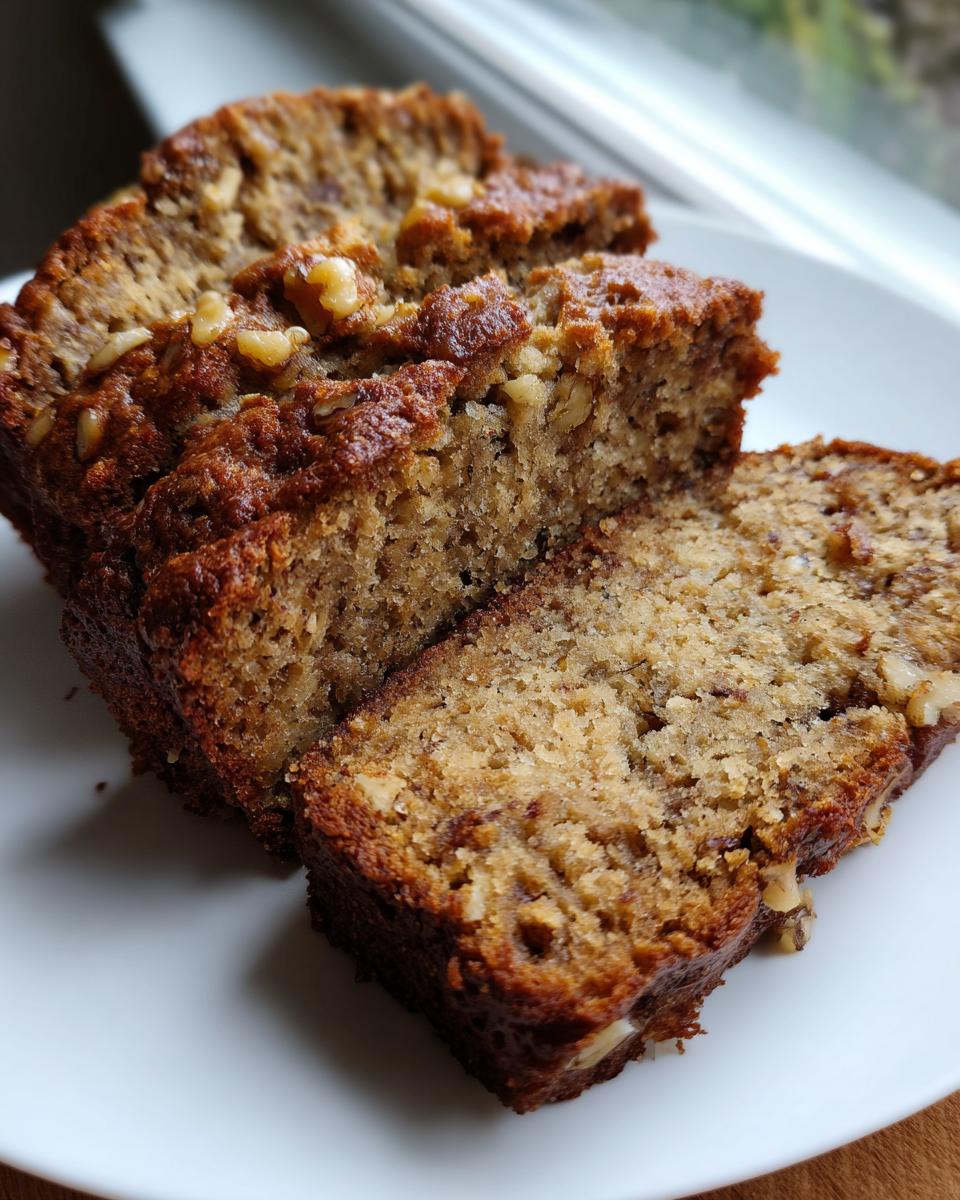 Close-up of moist Banana Bread with Walnuts, showing sliced pieces with visible nuts.