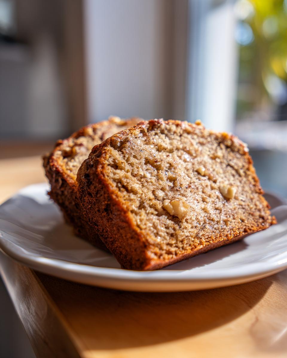 Two slices of moist Banana Bread with Walnuts on a white plate, showcasing the texture and nuts.