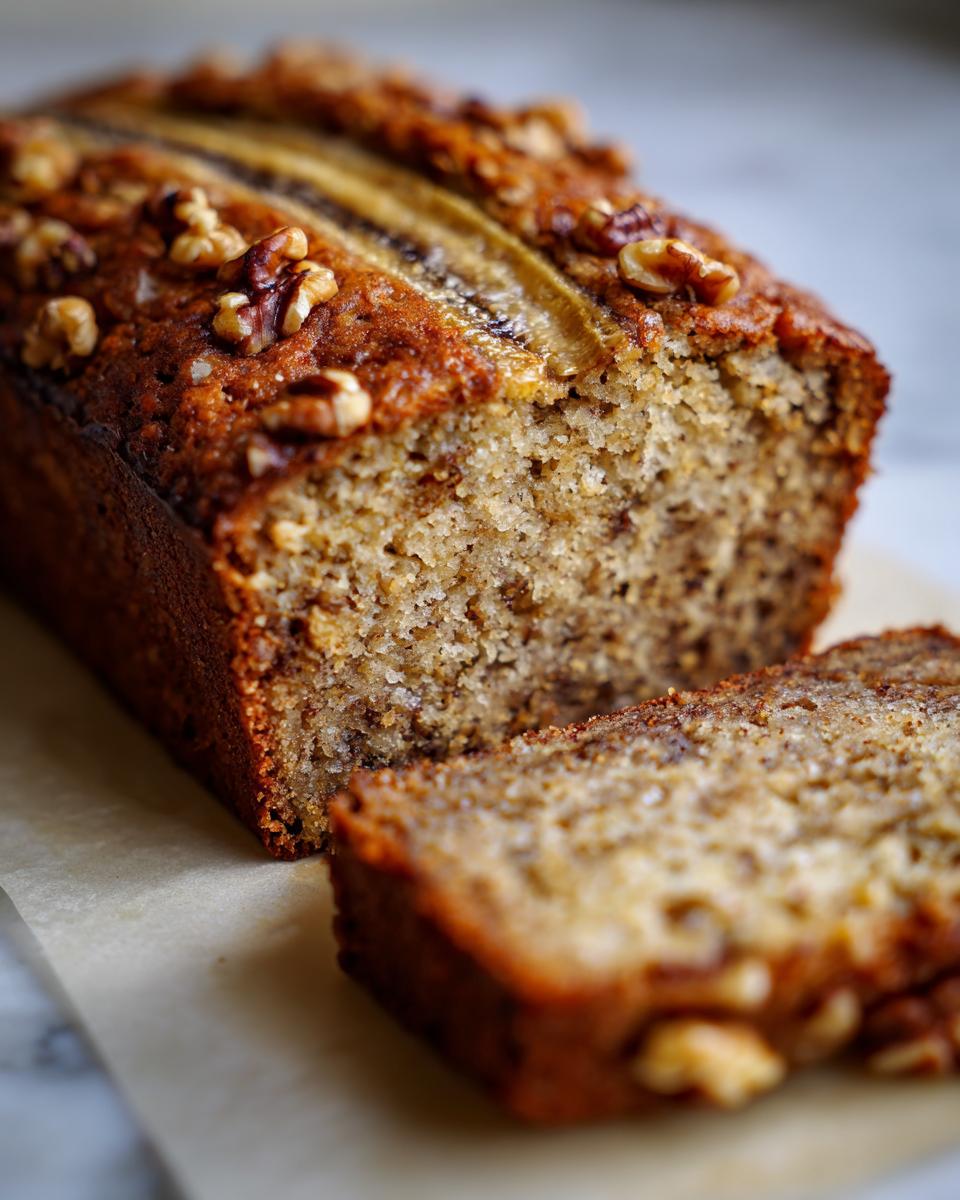 Close-up of a moist banana bread loaf topped with walnuts and a banana half, with a slice cut.