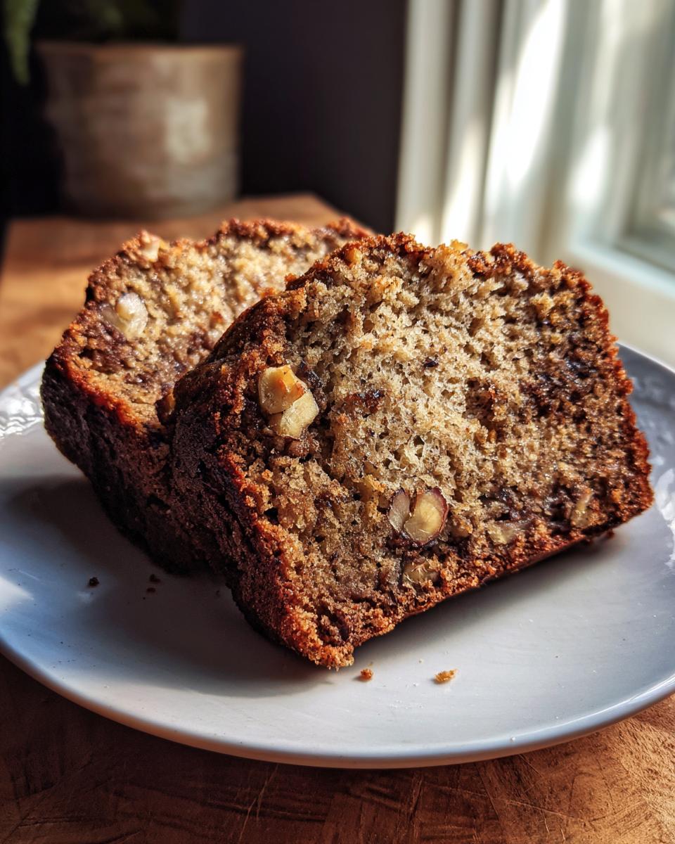 Close-up of two moist slices of Banana Bread with Walnuts on a white plate, showcasing the texture and nuts.