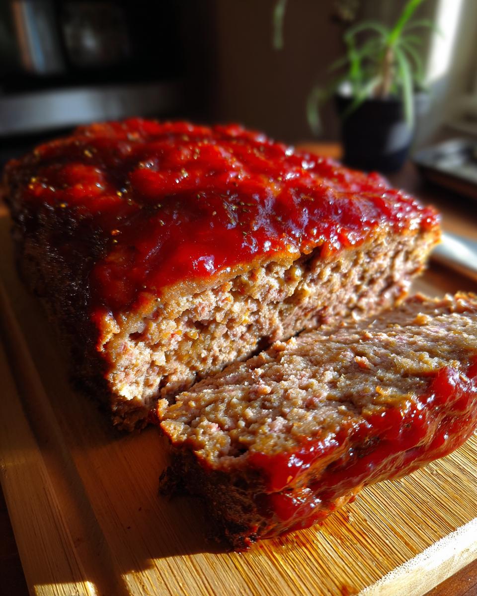 A moist meatloaf, sliced and topped with a glossy red glaze, ready to be served.