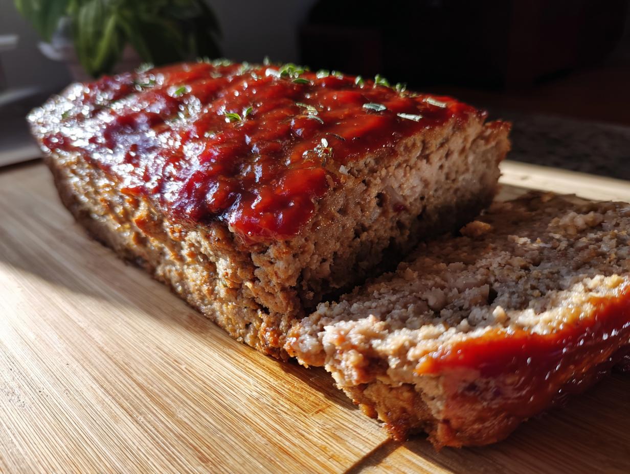 A close-up of a moist meatloaf topped with a glossy glaze and fresh herbs, with a slice cut and resting beside it on a wooden cutting board.