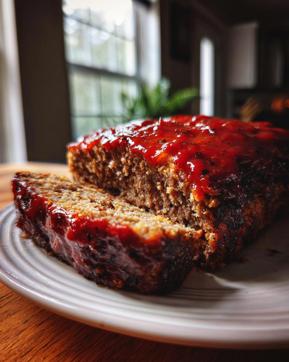 A slice of moist meatloaf topped with a glossy red glaze, served on a white plate.