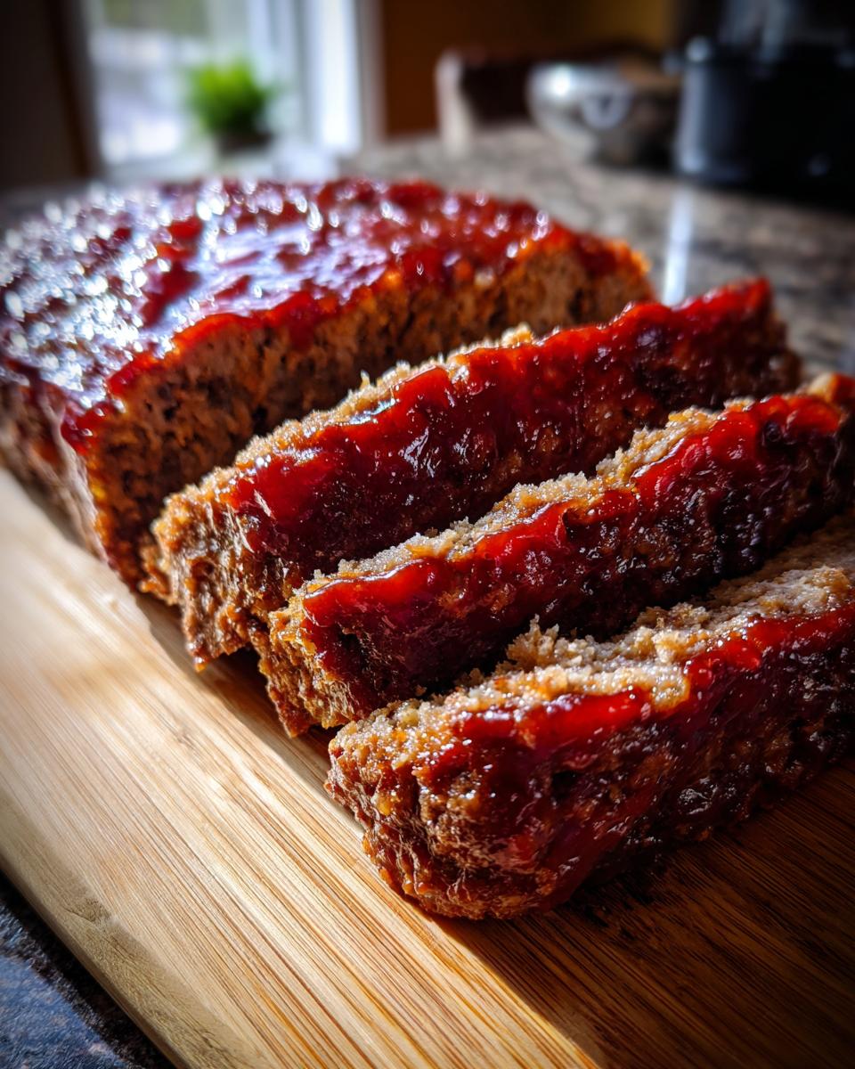 Close-up of moist meatloaf slices with a shiny glaze on a wooden cutting board.