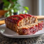 A slice of moist meatloaf topped with a glossy ketchup glaze, served on a white plate.