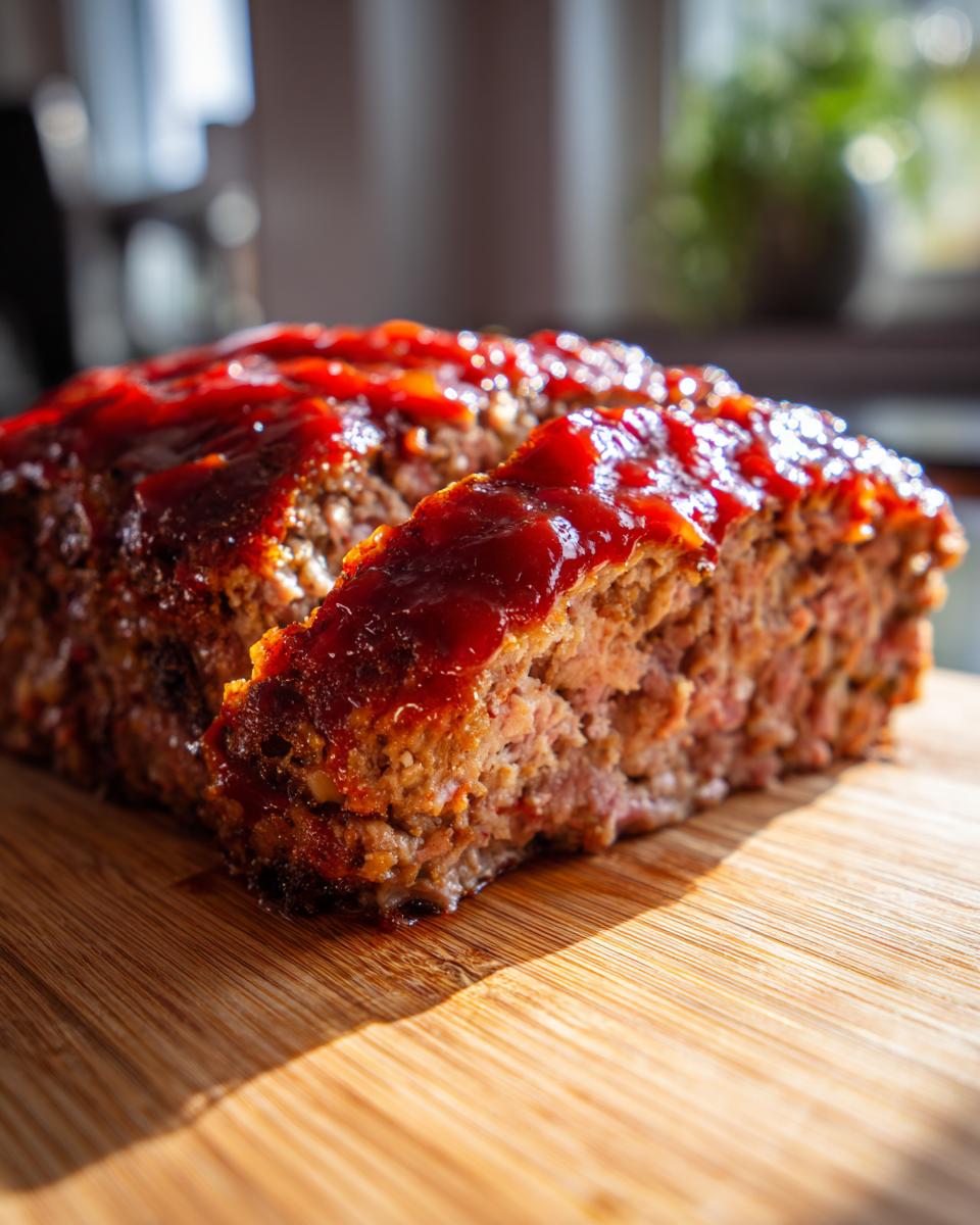 A close-up of a slice of moist meatloaf topped with a glossy ketchup glaze, resting on a wooden cutting board.