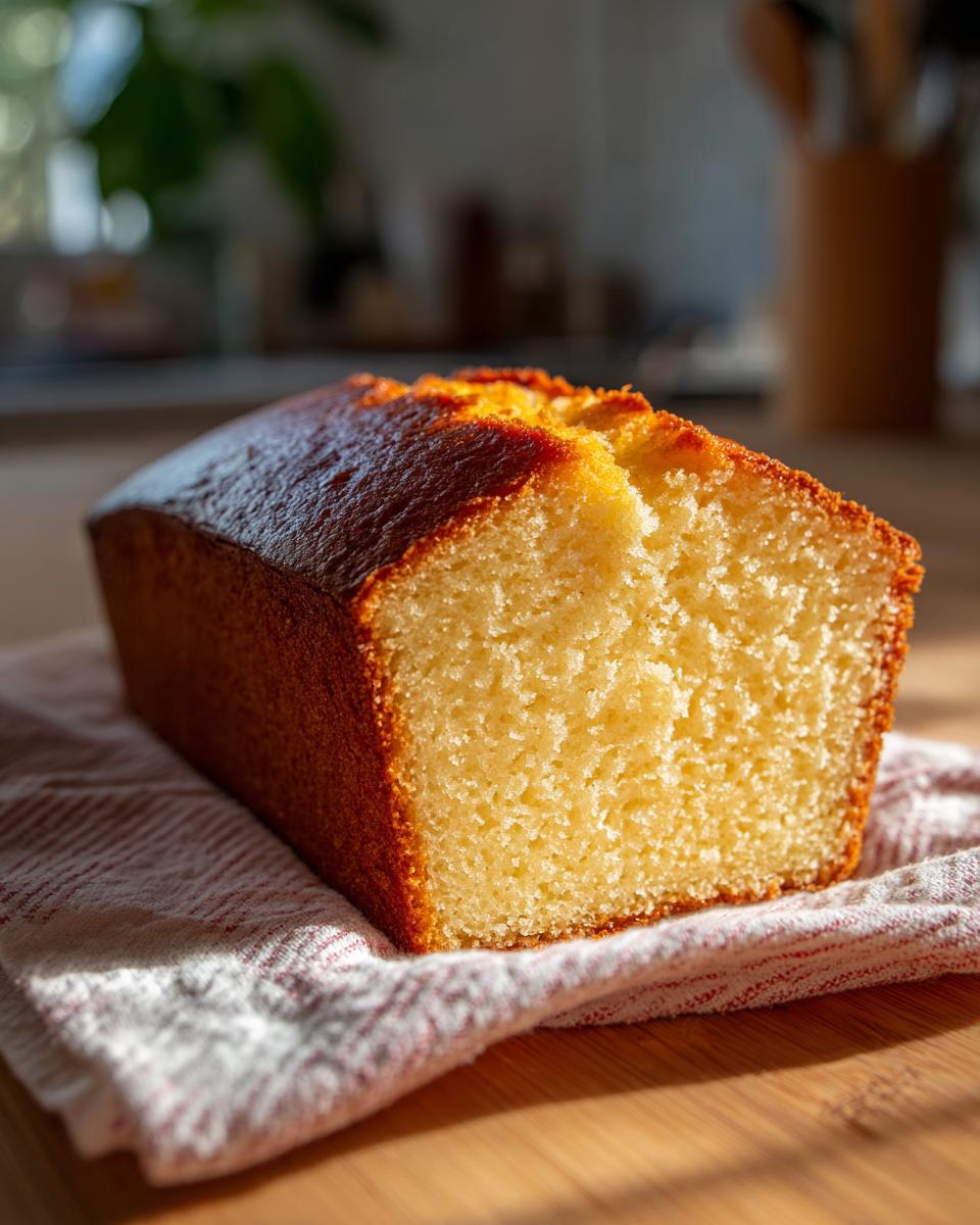A slice of moist pound cake with a golden-brown crust, resting on a striped cloth.