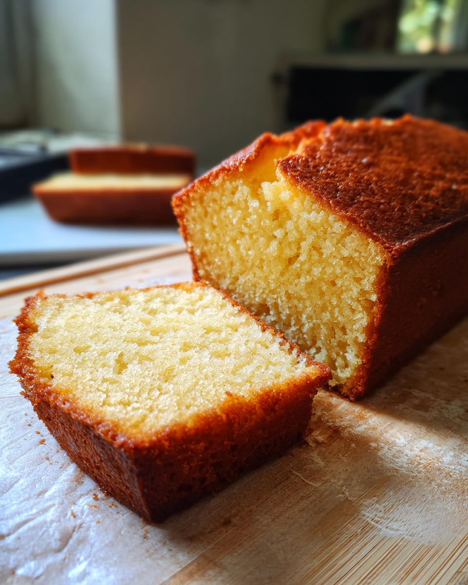 A close-up of a moist pound cake slice with a golden-brown crust, showcasing its tender crumb.