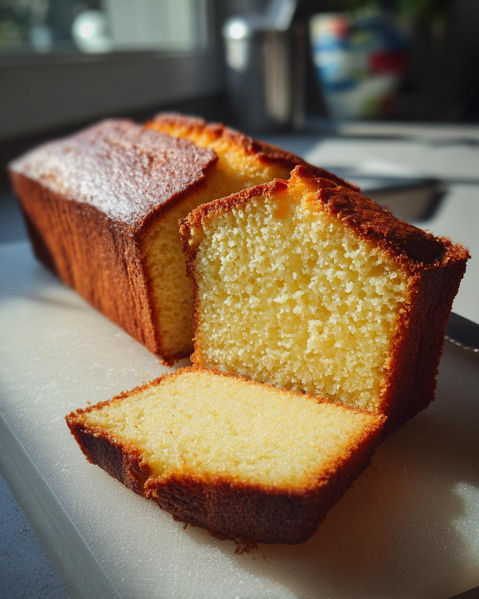 A close-up of a moist pound cake with a slice cut, showing its tender crumb and golden-brown crust.