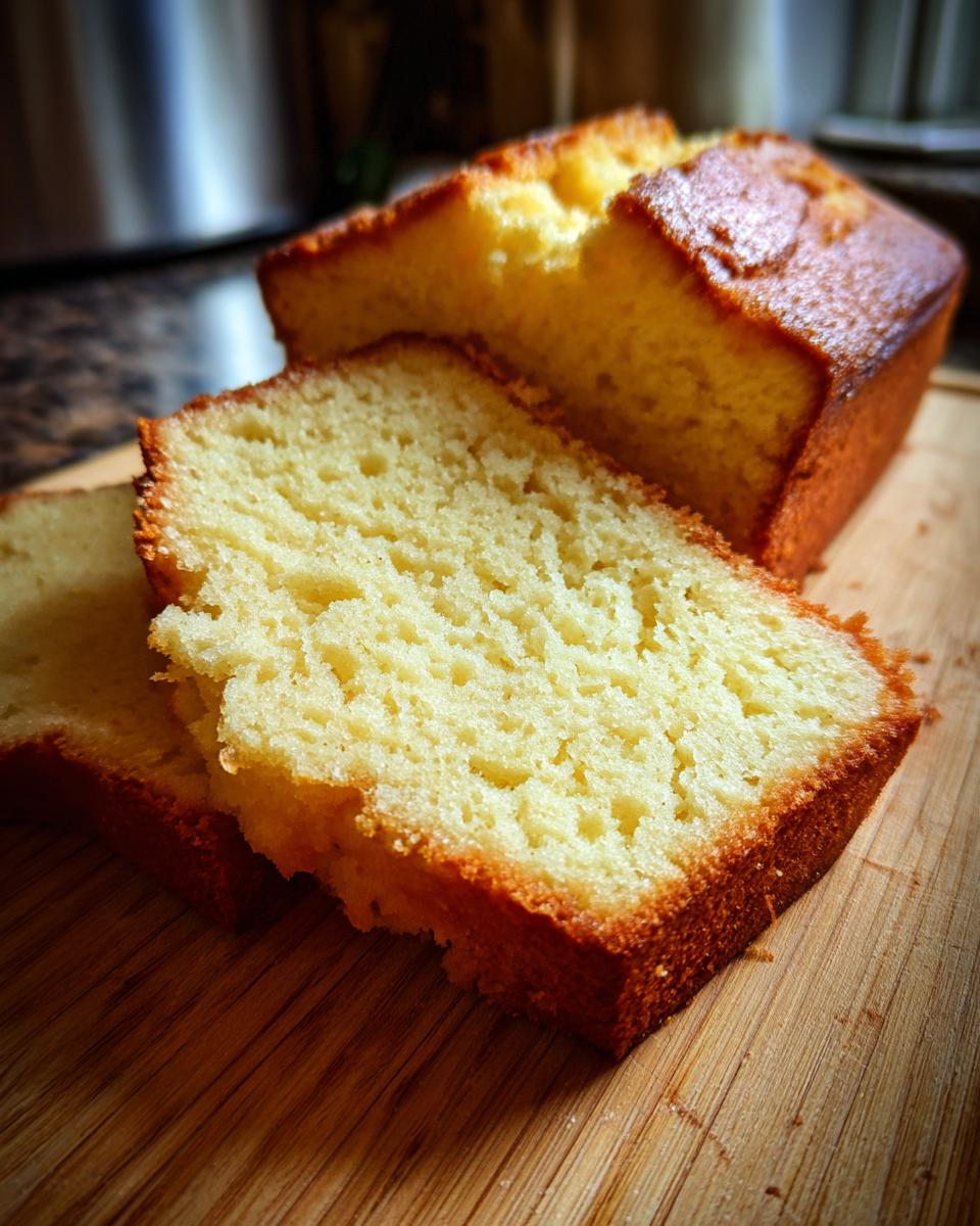 Close-up of moist pound cake slices on a wooden cutting board, showcasing a golden-brown crust and tender crumb.