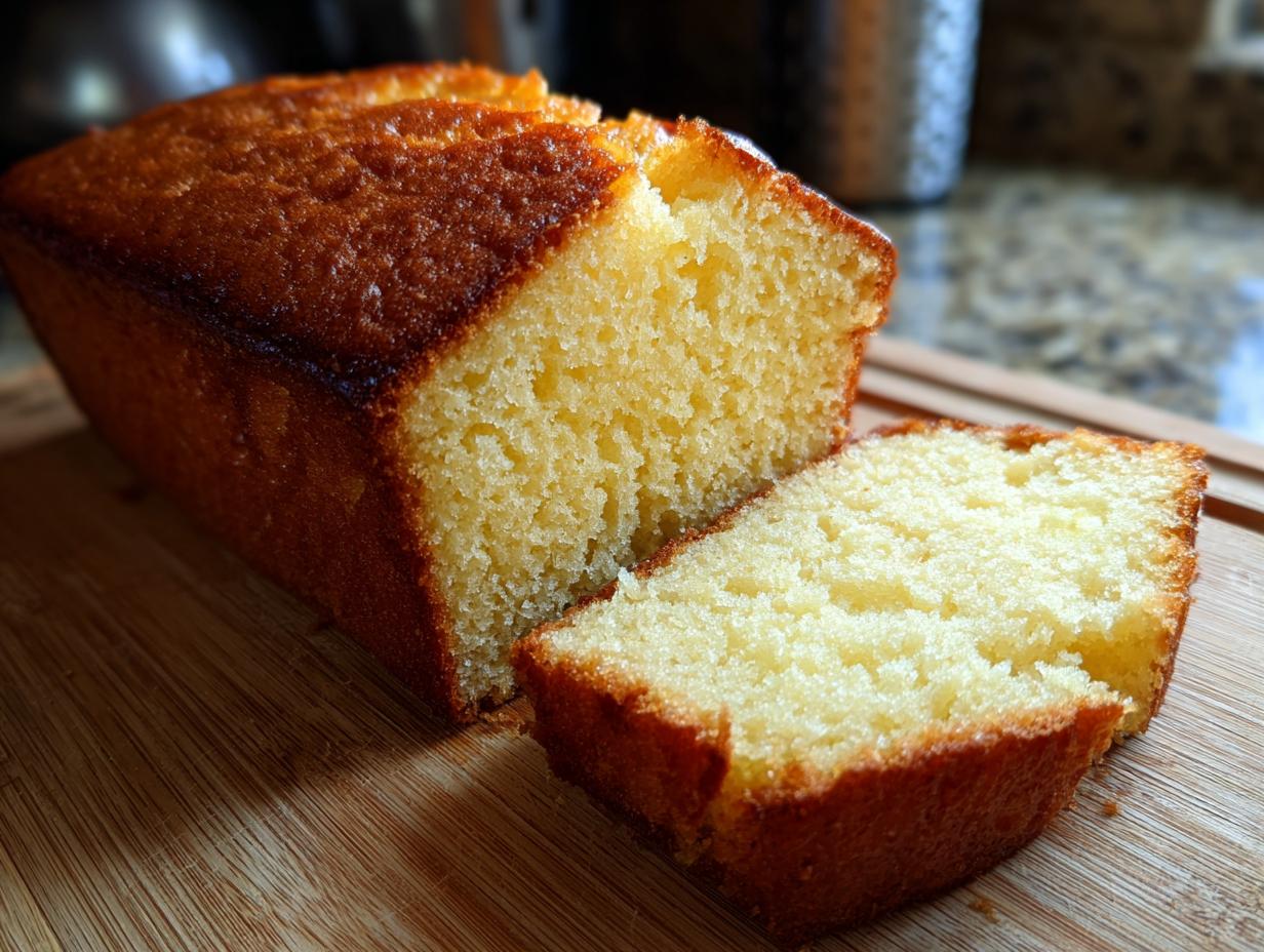 A close-up of a moist pound cake loaf with one slice cut and placed in front.