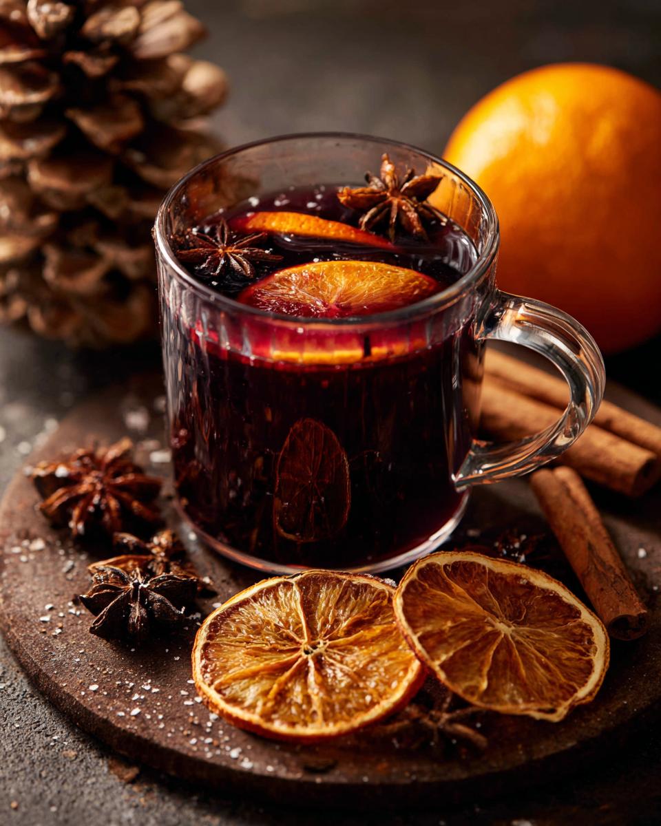 A steaming mug of mulled wine garnished with orange slices, star anise, and cinnamon sticks.