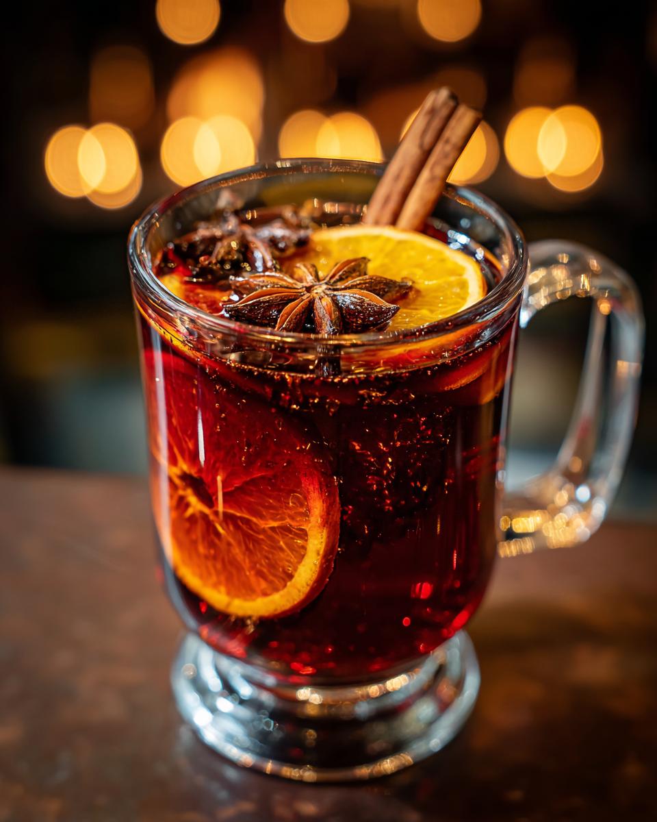 A steaming mug of mulled wine, garnished with orange slices, star anise, and a cinnamon stick.
