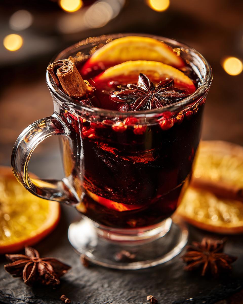 A close-up of a steaming glass of mulled wine, garnished with orange slices, cinnamon stick, and star anise.