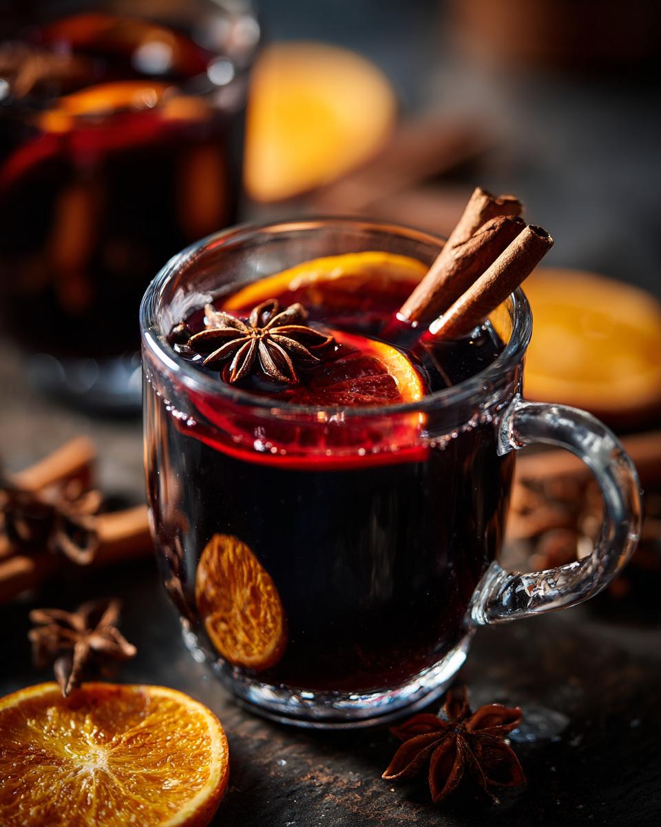 A close-up of a glass mug filled with warm mulled wine, garnished with orange slices, star anise, and cinnamon sticks.