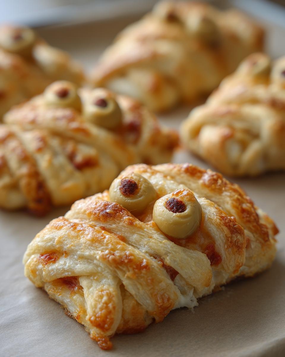 Close-up of a Mummy Brie appetizer, with golden puff pastry wrapped around brie and topped with olive eyes.
