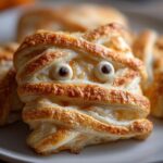 Close-up of a Mummy Brie appetizer, made with puff pastry strips wrapped around brie cheese and topped with candy eyes.