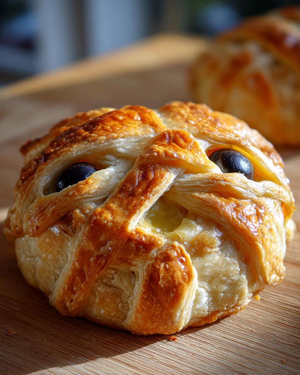 Close-up of a golden-brown Mummy Brie appetizer, wrapped in puff pastry with olive "eyes" peeking through.