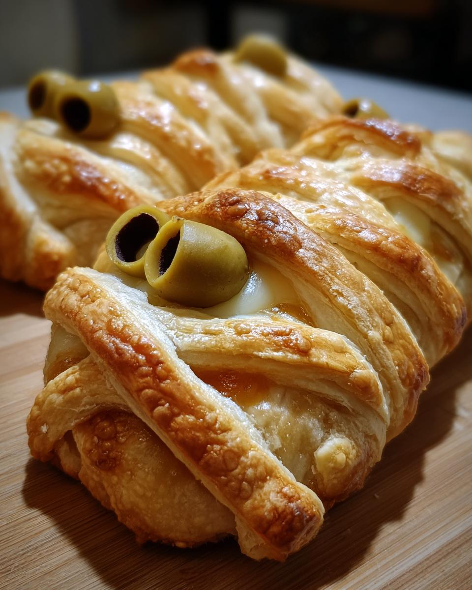 Close-up of a Mummy Brie appetizer, with golden puff pastry strips wrapped around cheese and olive eyes.
