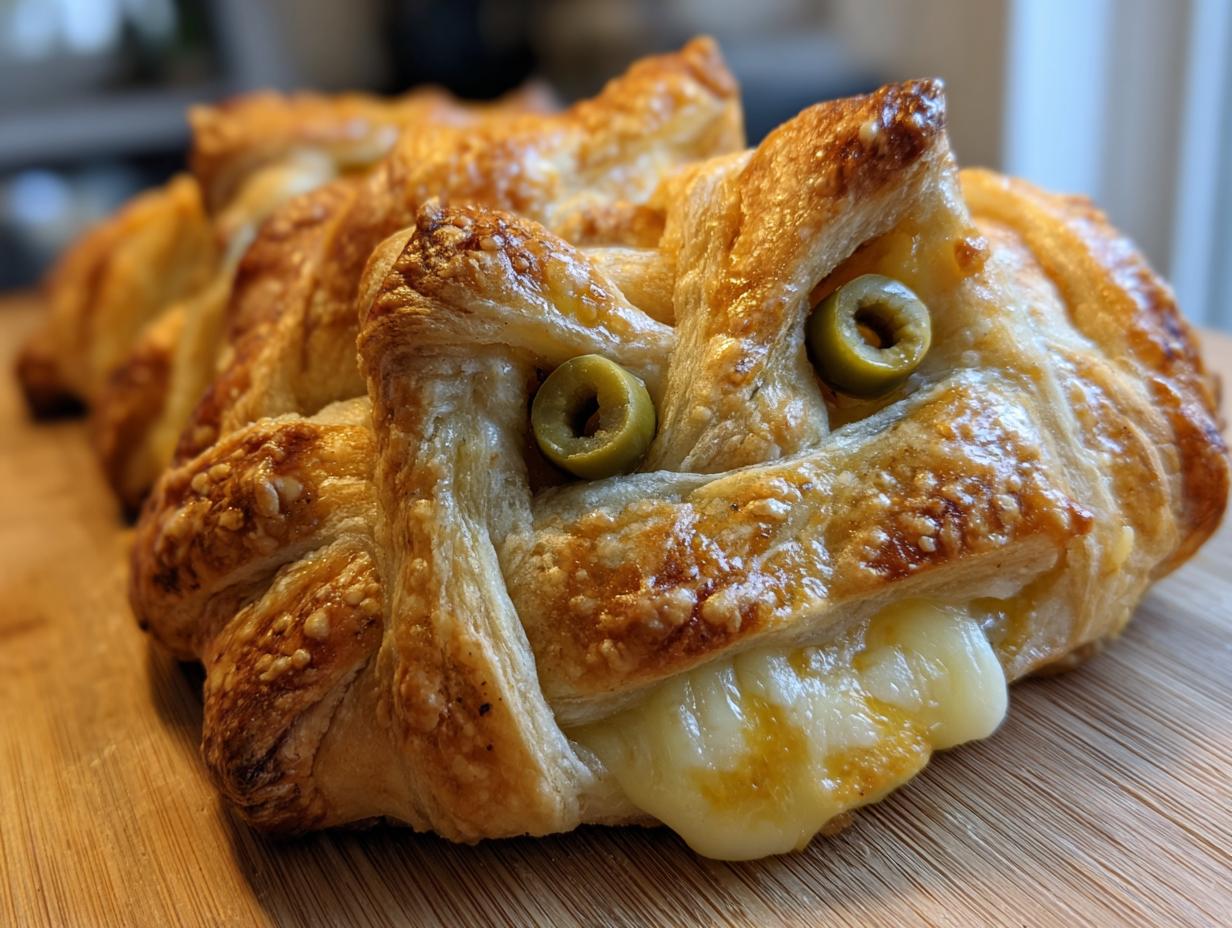 A golden-brown Mummy Brie appetizer made with puff pastry, olives for eyes, and melted cheese oozing out.
