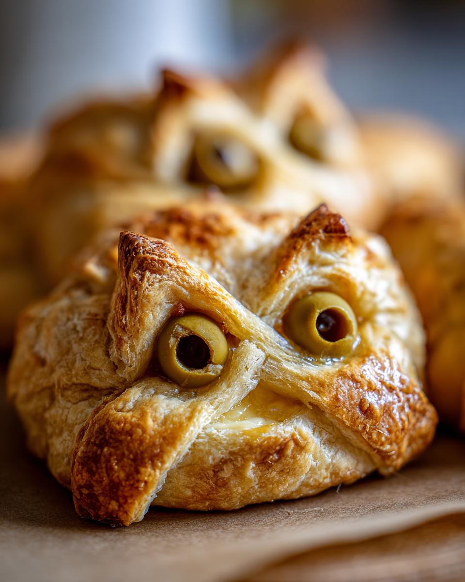 Close-up of a Mummy Brie appetizer, a baked pastry with olive halves for eyes, resembling a mummy.