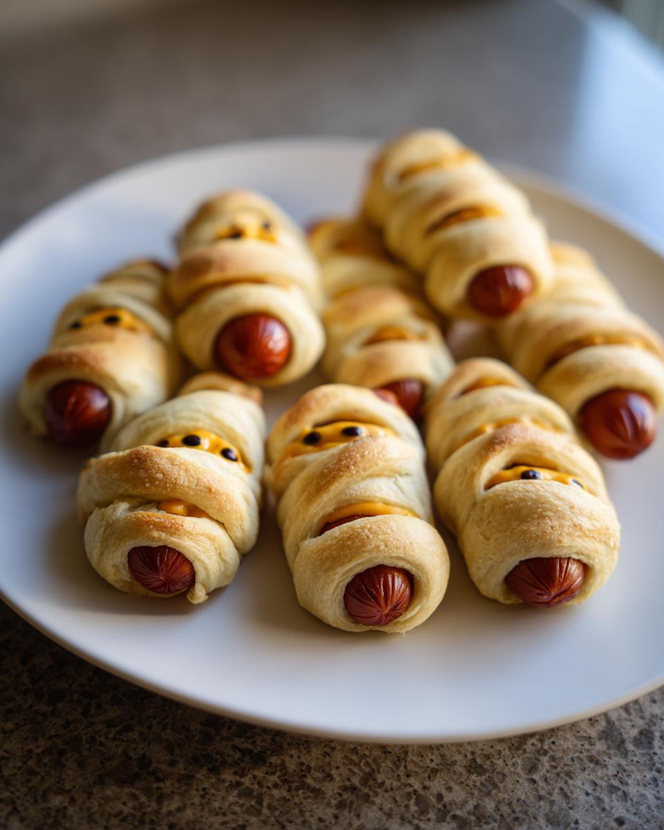 A plate full of adorable Mummy Hot Dogs, wrapped in dough with cheese eyes, perfect for Halloween treats.
