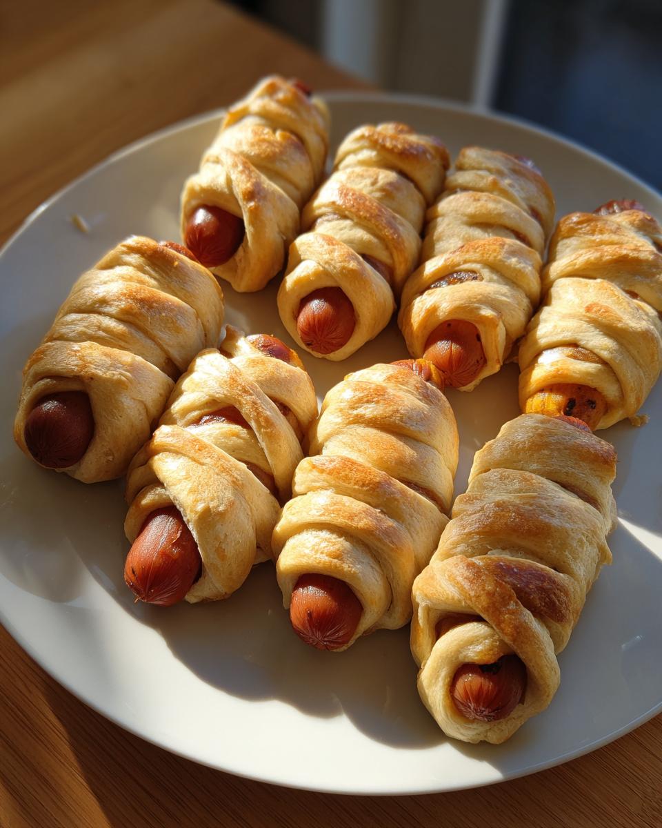 A plate of golden-brown Mummy Hot Dogs, wrapped in pastry dough to resemble mummies, ready for Halloween.