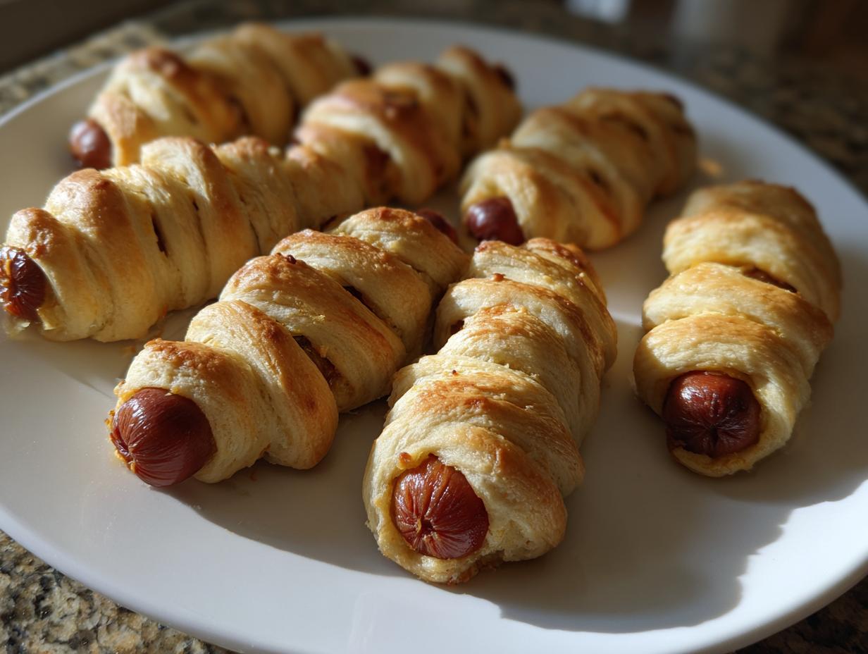 A plate of golden-brown Mummy Hot Dogs, wrapped in pastry dough, ready for Halloween.