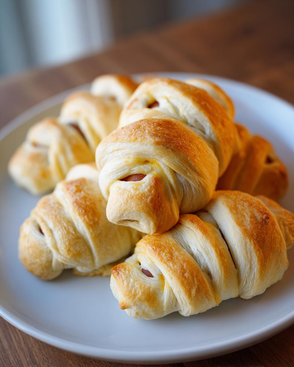 Close-up of golden-brown Mummy Hot Dogs wrapped in pastry, stacked on a white plate.