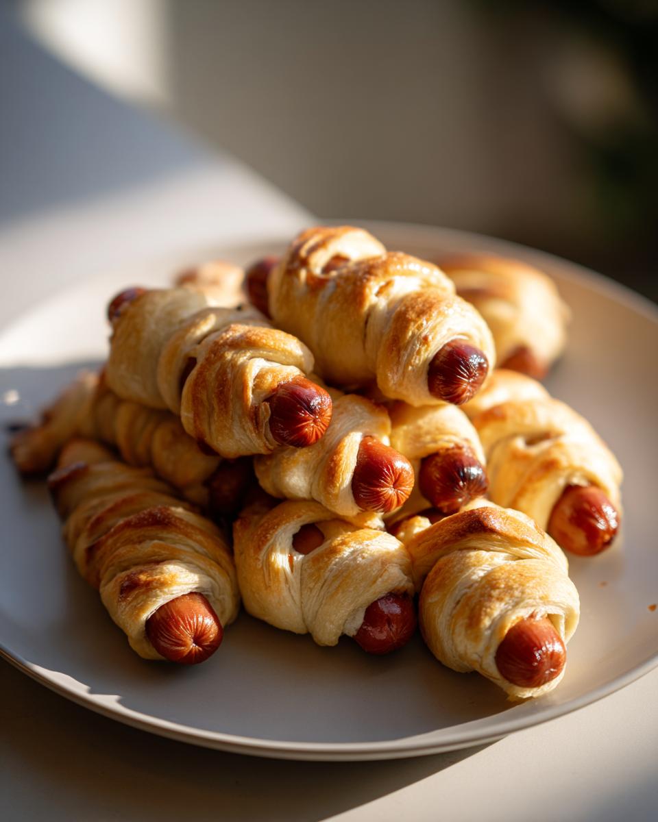 A pile of golden-brown Mummy Hot Dogs, wrapped in flaky pastry, on a light grey plate.