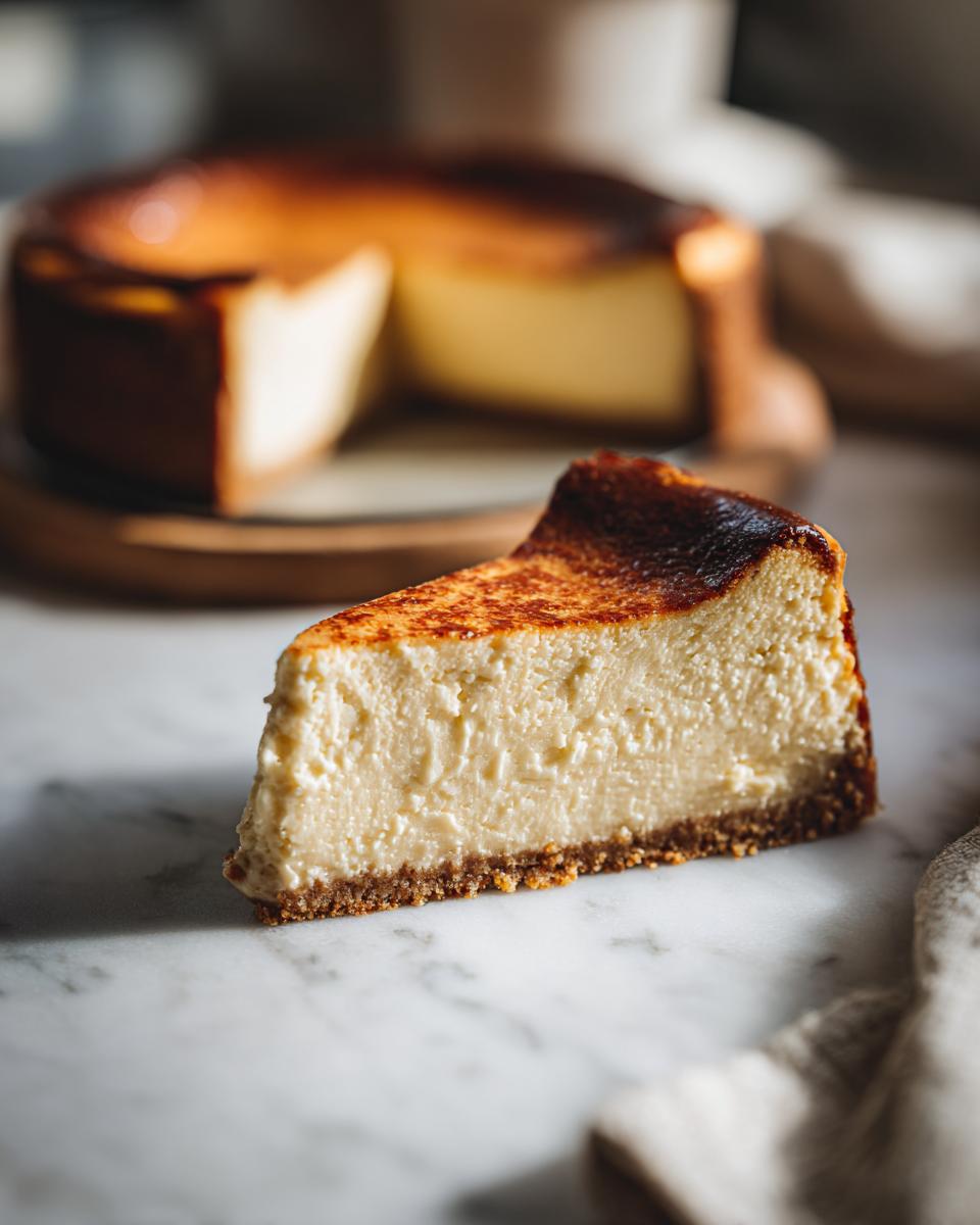 A perfect slice of New York cheesecake with a graham cracker crust and caramelized top.