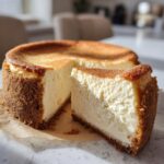 A slice of rich and creamy New York cheesecake with a graham cracker crust, ready to be enjoyed.