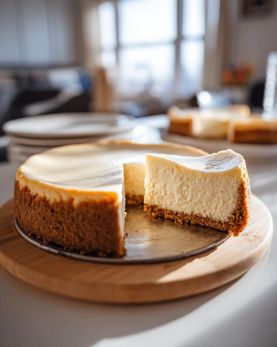 A slice of creamy New York cheesecake with a graham cracker crust on a wooden board.
