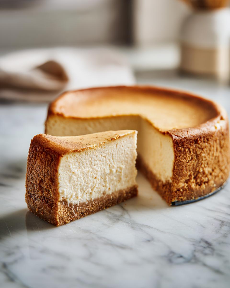 A slice of creamy New York cheesecake with a graham cracker crust on a marble surface.