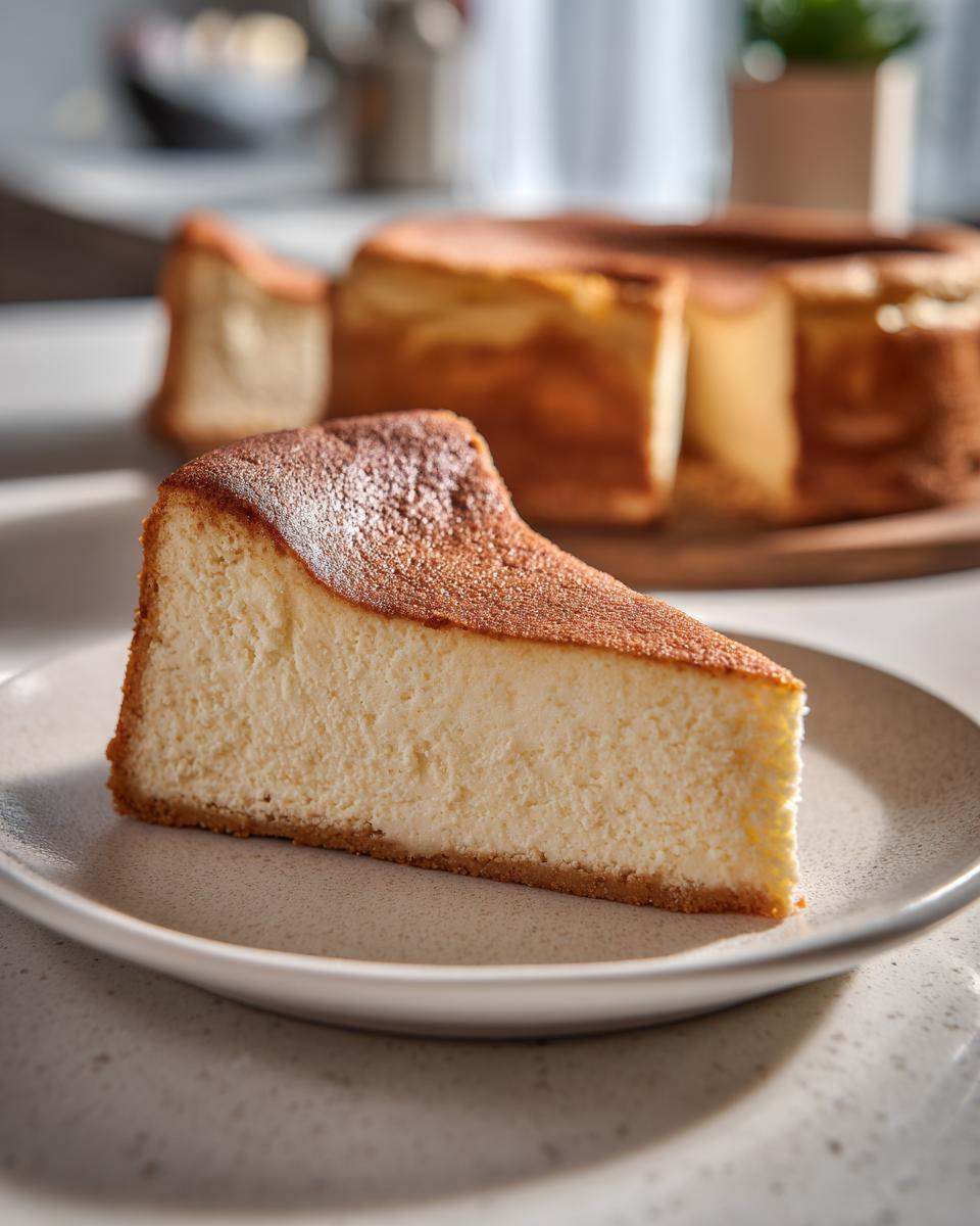 A perfect slice of New York cheesecake with a golden-brown crust and creamy filling sits on a plate.