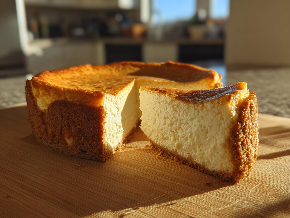 A golden-brown New York cheesecake on a wooden board, with one slice cut and slightly pulled away.