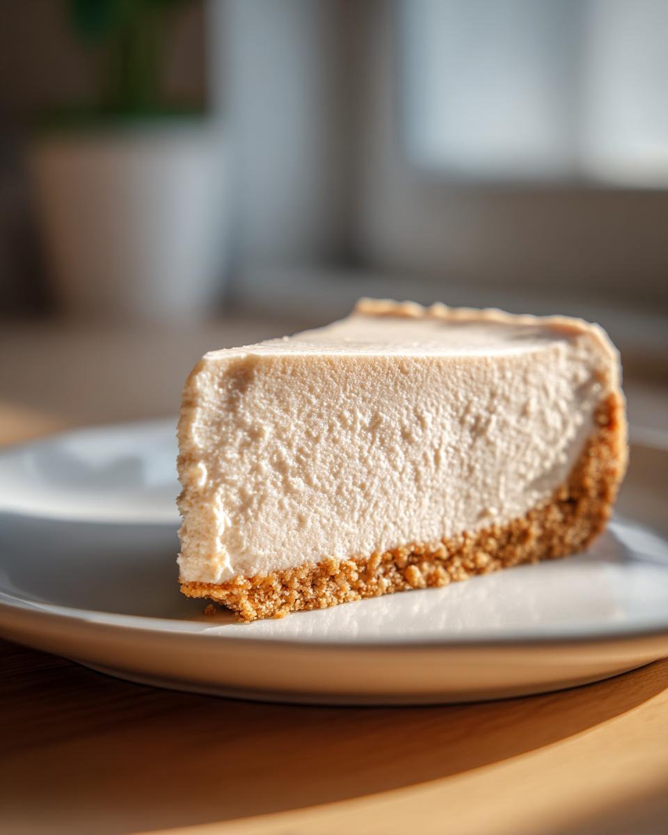 A perfect slice of no bake cheesecake with a graham cracker crust on a white plate.