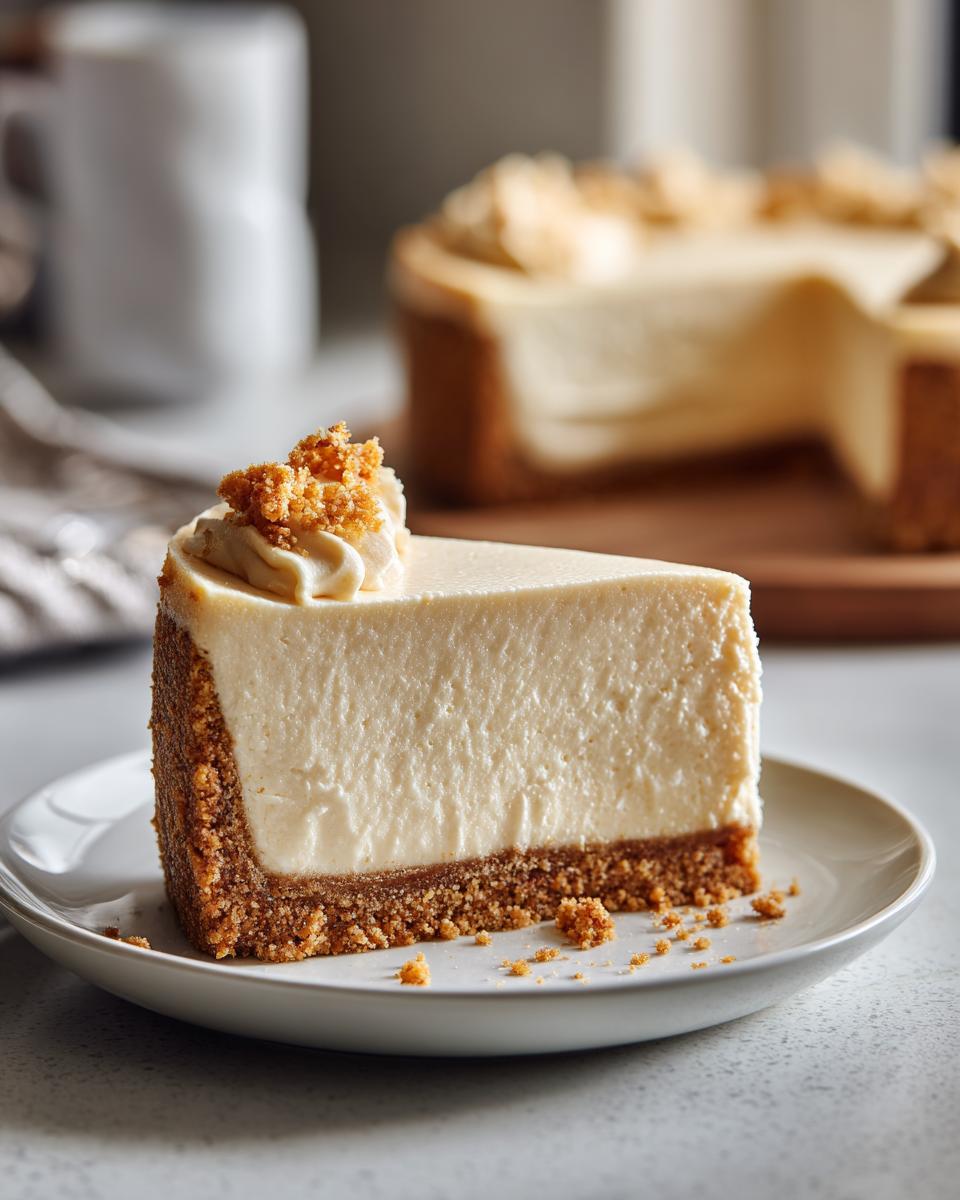 A perfect slice of no bake cheesecake with a graham cracker crust, topped with whipped cream and crumbs.
