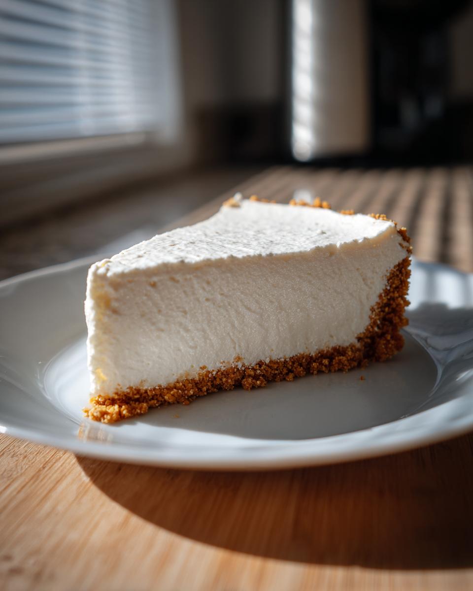 A perfect slice of creamy no bake cheesecake with a graham cracker crust on a white plate.