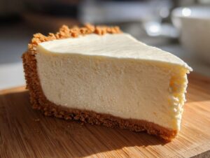 A perfect slice of creamy no bake cheesecake with a graham cracker crust on a wooden board.