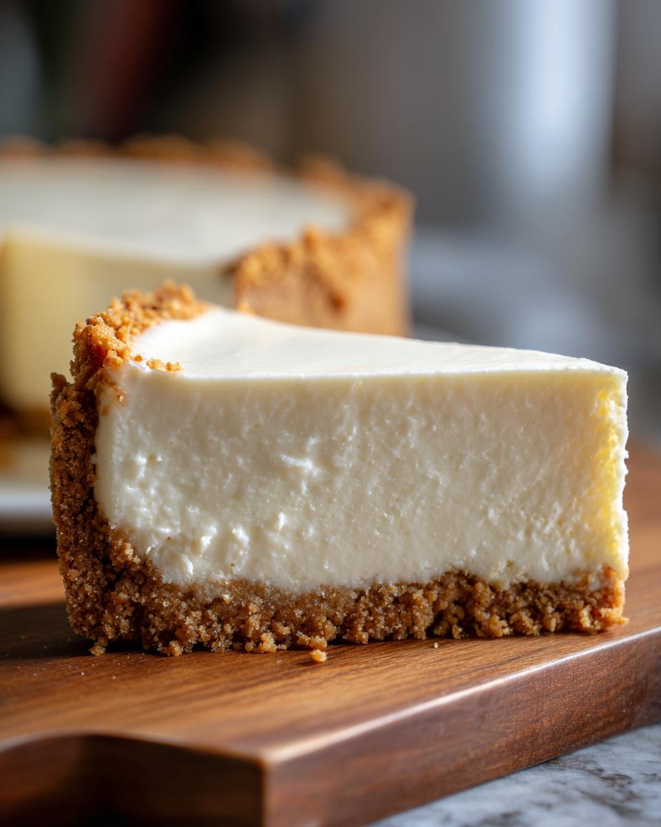 A close-up of a slice of no bake cheesecake with a golden graham cracker crust on a wooden board.
