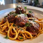 A close-up of Nonna's Incredible Spaghetti and Meatballs, featuring plump meatballs in rich tomato sauce over pasta, topped with Parmesan and parsley.